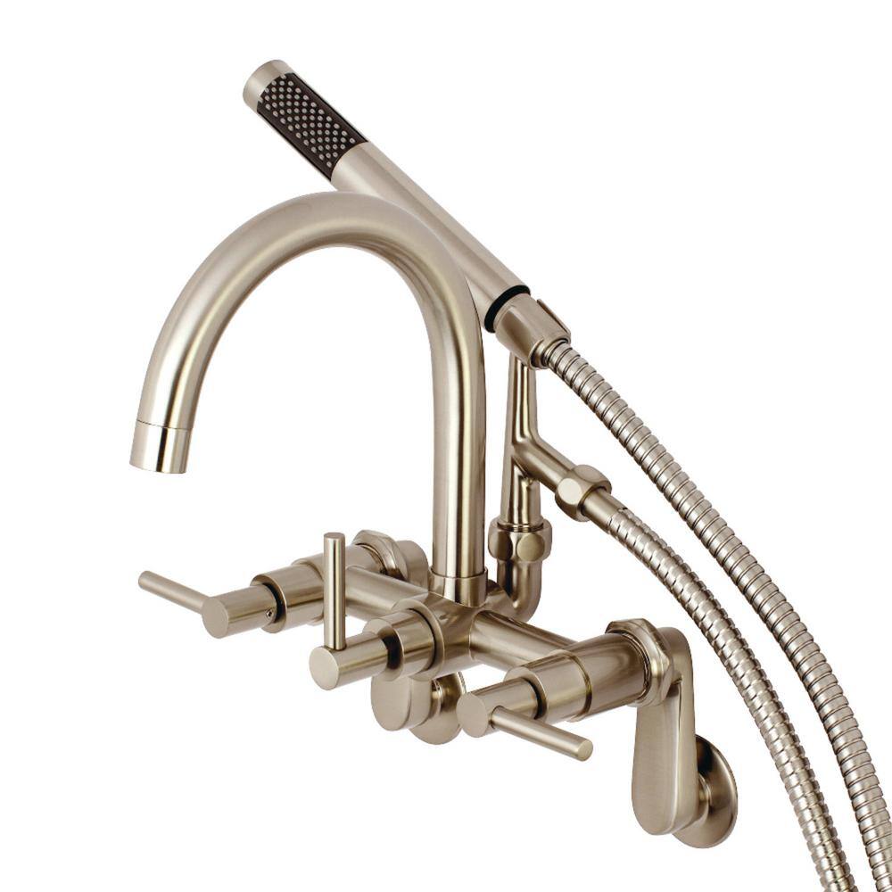 Kingston Brass Modern Adjustable 3-Handle Wall-Mount Claw Foot Tub Faucet with Handshower in Brushed Nickel HAE8158DL