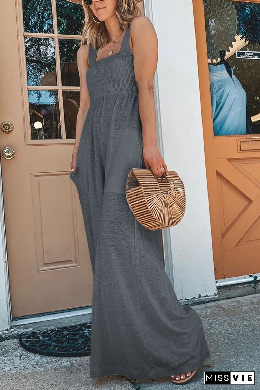 Solid Color Sleeveless Wide Leg Jumpsuit