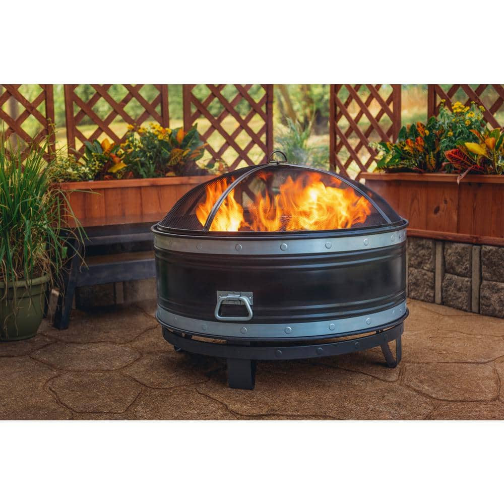 Pleasant Hearth Colossal 36 in. Round Steel Fire Pit in Black and Silver with Cooking Grid OFW651R