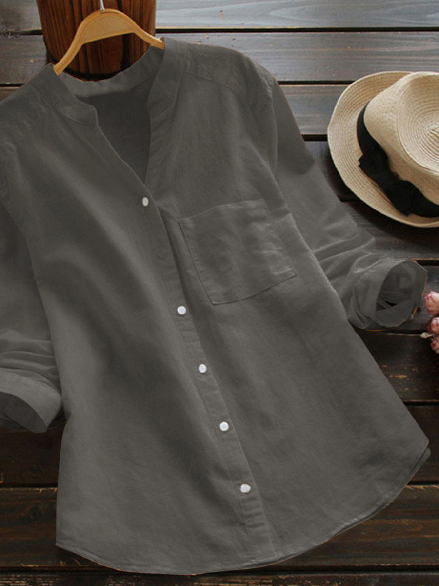 65% Off Autumn Spring V-Neck Linen Plain Shirts & Blouses