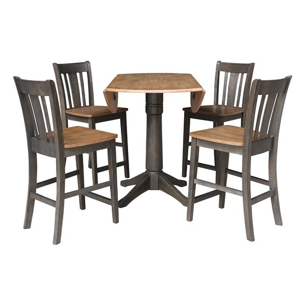 42 in. Round Dual Drop Leaf Counter Height Dining Table with 4 Splatback Stools in Hickory/Washed Coal - 5 Piece Set