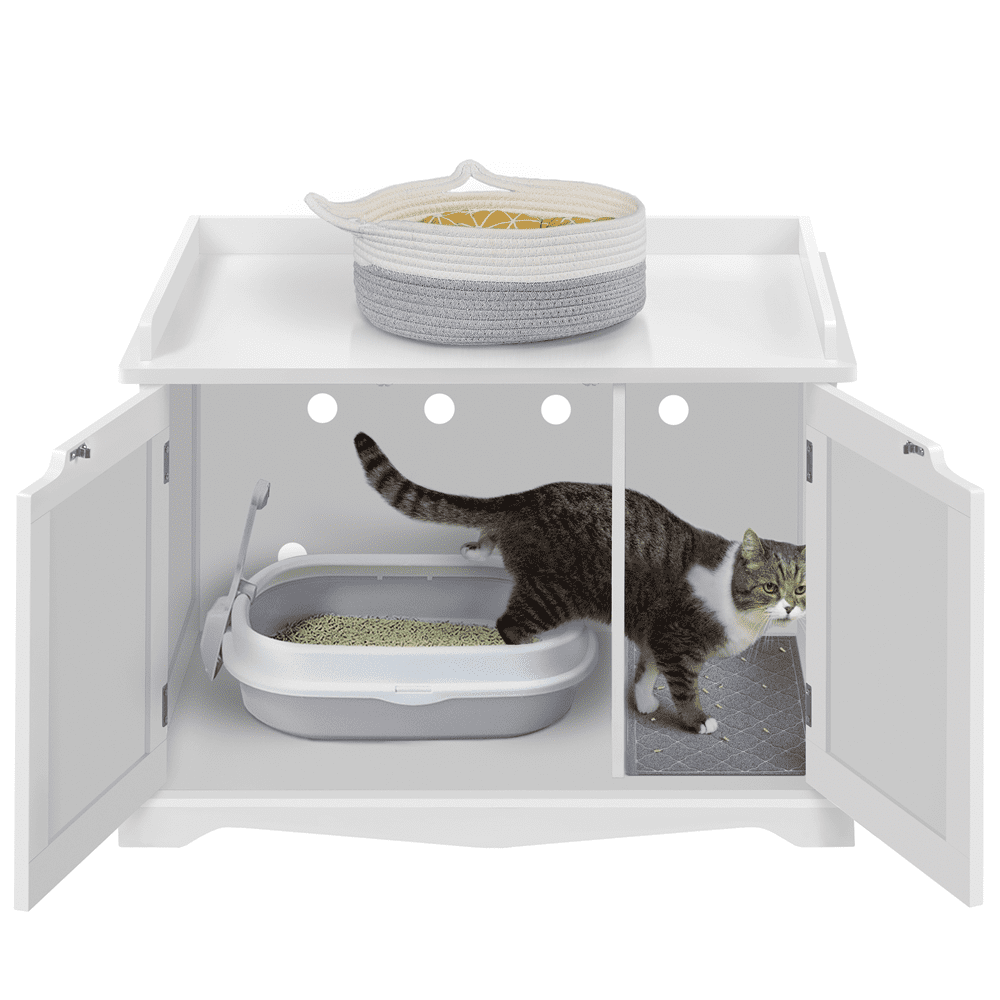 SmileMart Wooden Pet Litter Box for Pets Cat Hidden Washroom Bathroom with Door， White