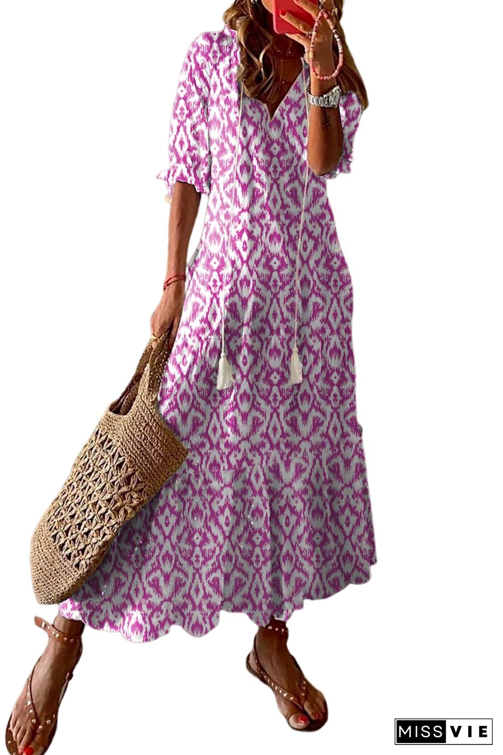 Pink V Neck Casual Geometric Print Maxi Dress