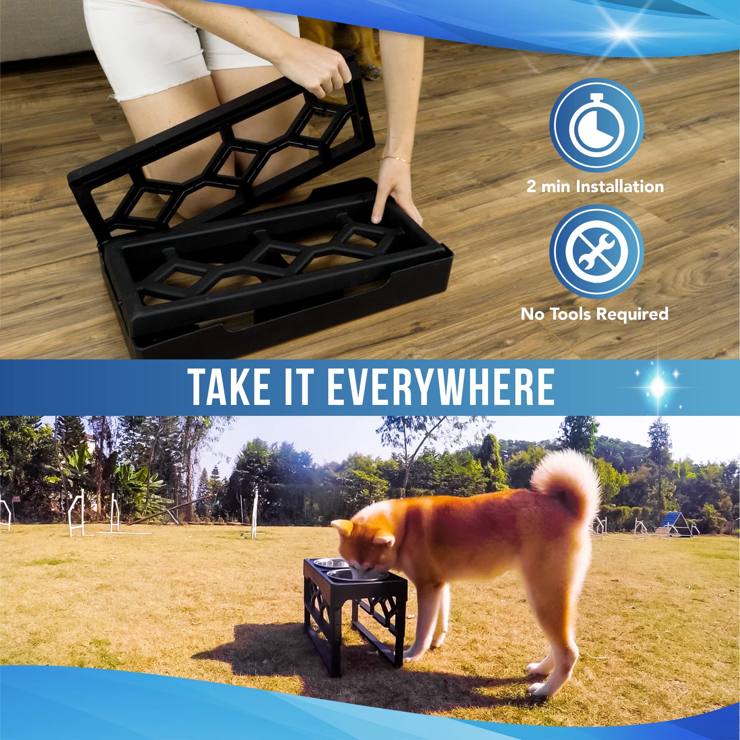 AVERYDAY Large Elevated Dog Bowls Holder with 2 Water Bowls, 4 Heights 2.9" 8.8" 10.7" 12.7" Dog Feeding Station, Adjustable Tall Raised Dog Food Bowls Stand for Medium Large Size Dog