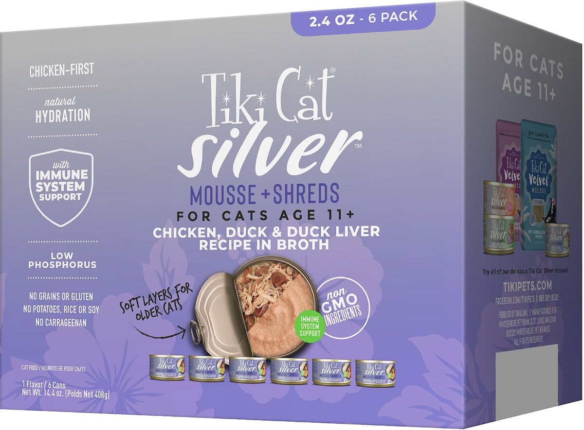 Tiki Cat Silver Chicken， Duck and Duck Liver Recipe in Broth Senior Shreds and Mousse Wet Cat Food， 2.4-oz can， case of 6