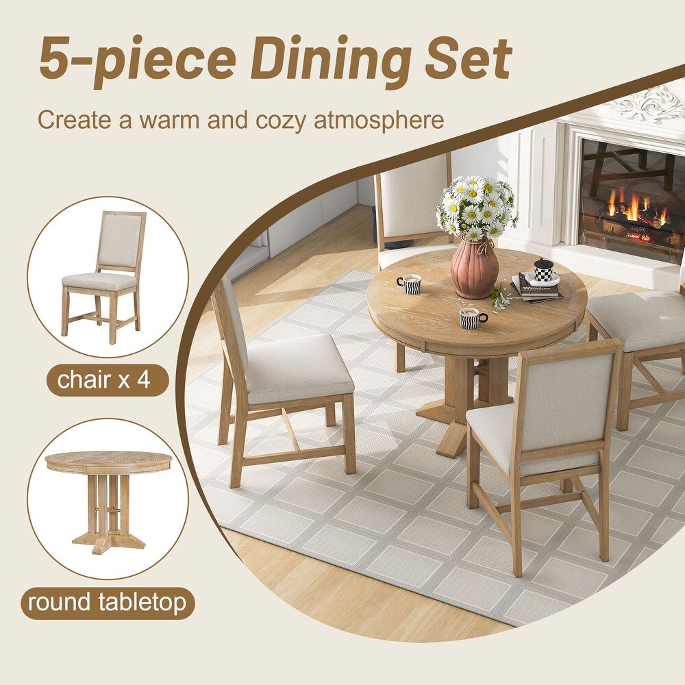 5 Piece Classic Dining Set  Extendable Round Table and 4 Upholstered Dining Chairs  Farmhouse Style Dining Table Sets