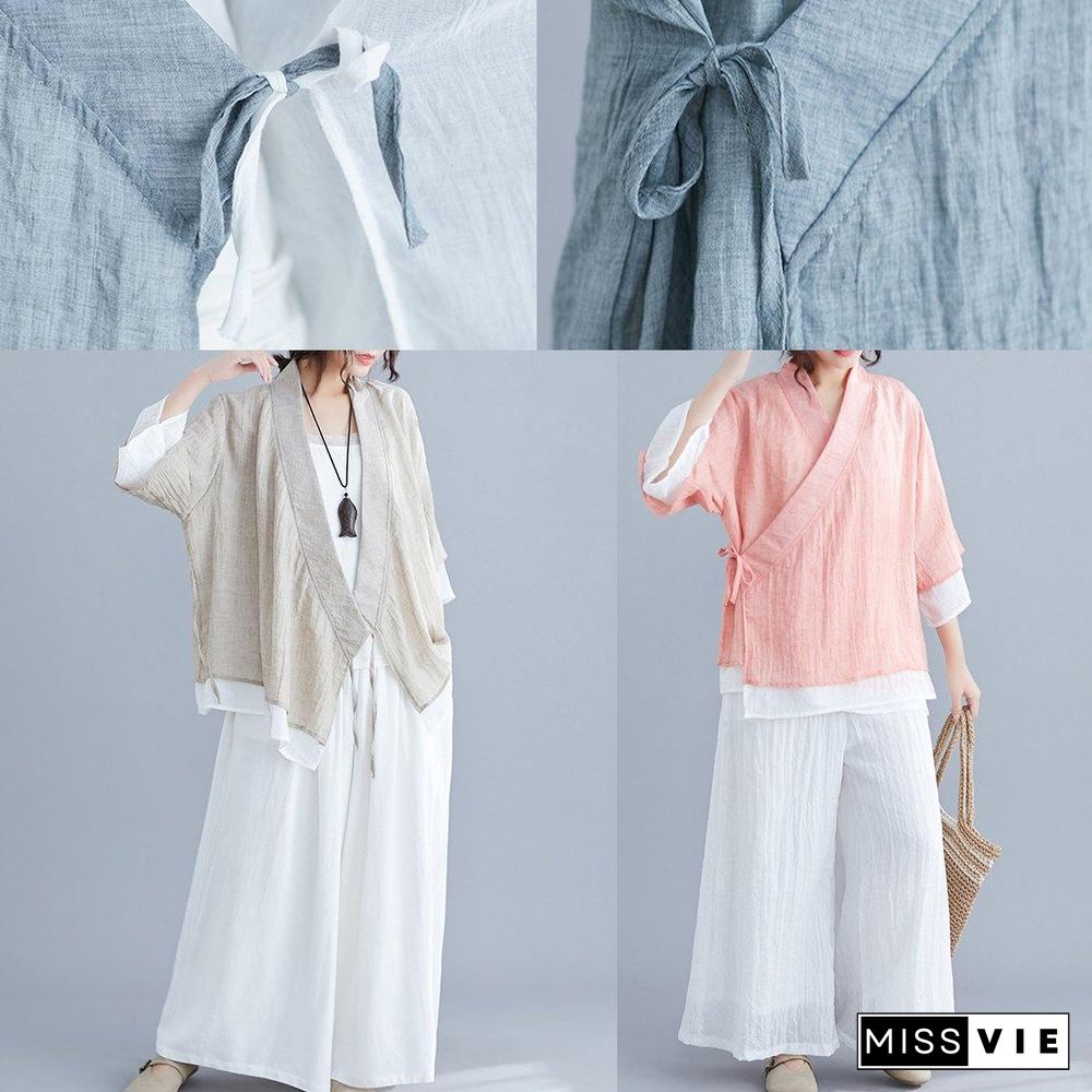 diy v neck half sleeve cotton linen clothes For Women nude blouses summer