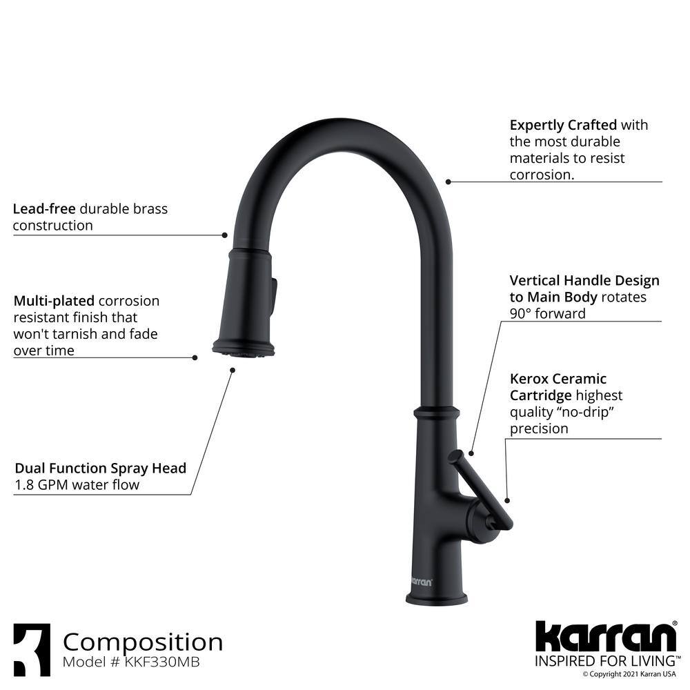 Karran QT- 710 qt. 33 in. 5050 Double Bowl Drop-In Kitchen Sink in Grey with Faucet in Matte Black QT710GRKKF330MB