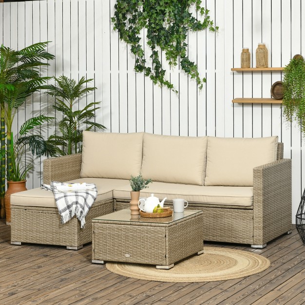 Outsunny 3 Piece Patio Furniture Set Rattan Outdoor Sofa Set With Chaise Lounge amp Loveseat Soft Cushions Storage Table Sectional Couch Khaki