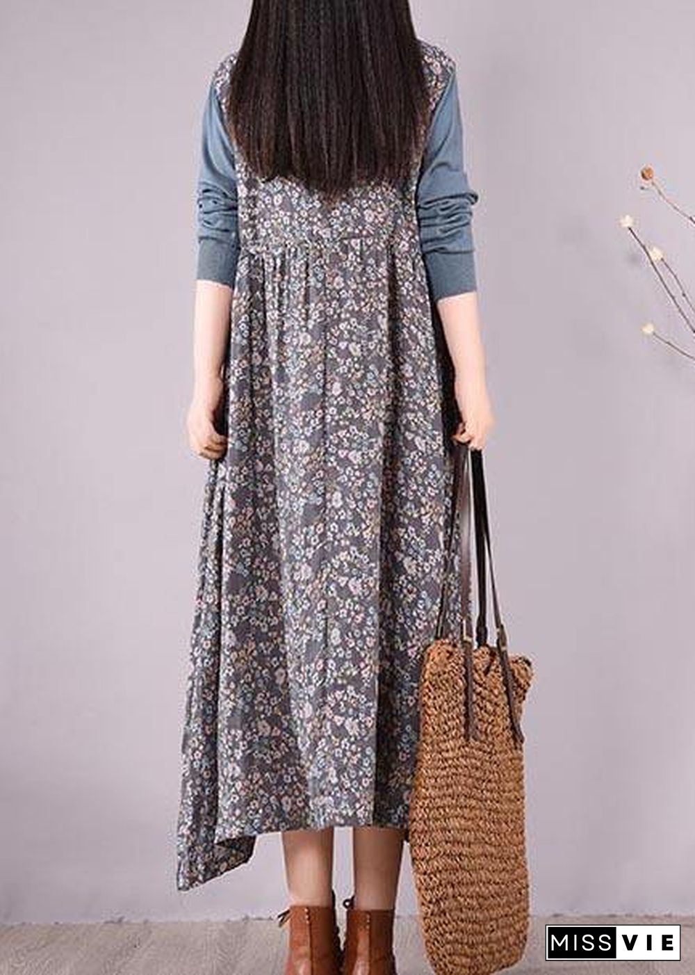 Beautiful Blue Patchwork Print Dresses O Neck Lace Robe Spring Dresses