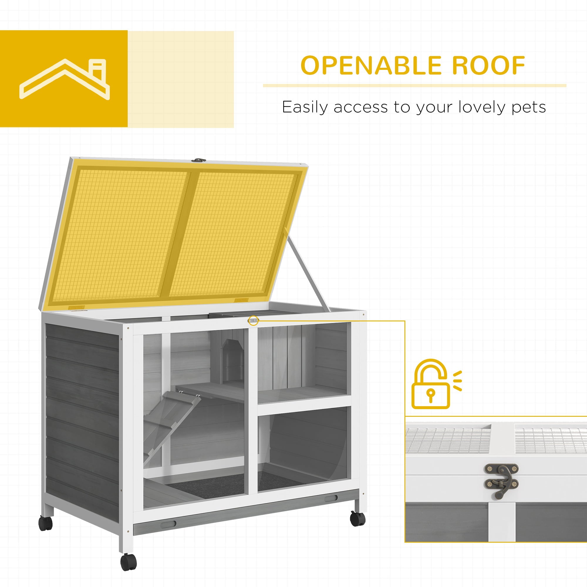 PawHut Indoor Rabbit Hutch with Wheels， Desk and Side Table Sized， Wood Rabbit Cage， Waterproof Small Rabbit Cage， Gray