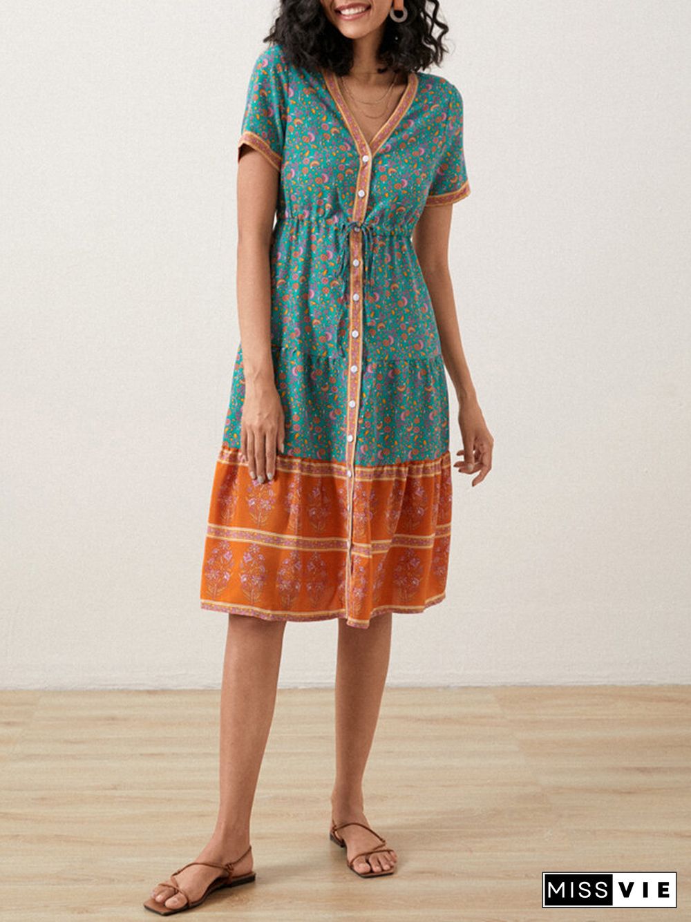 Bohemian Floral Print Drawstring Waist Button V-neck Chiffon Dress