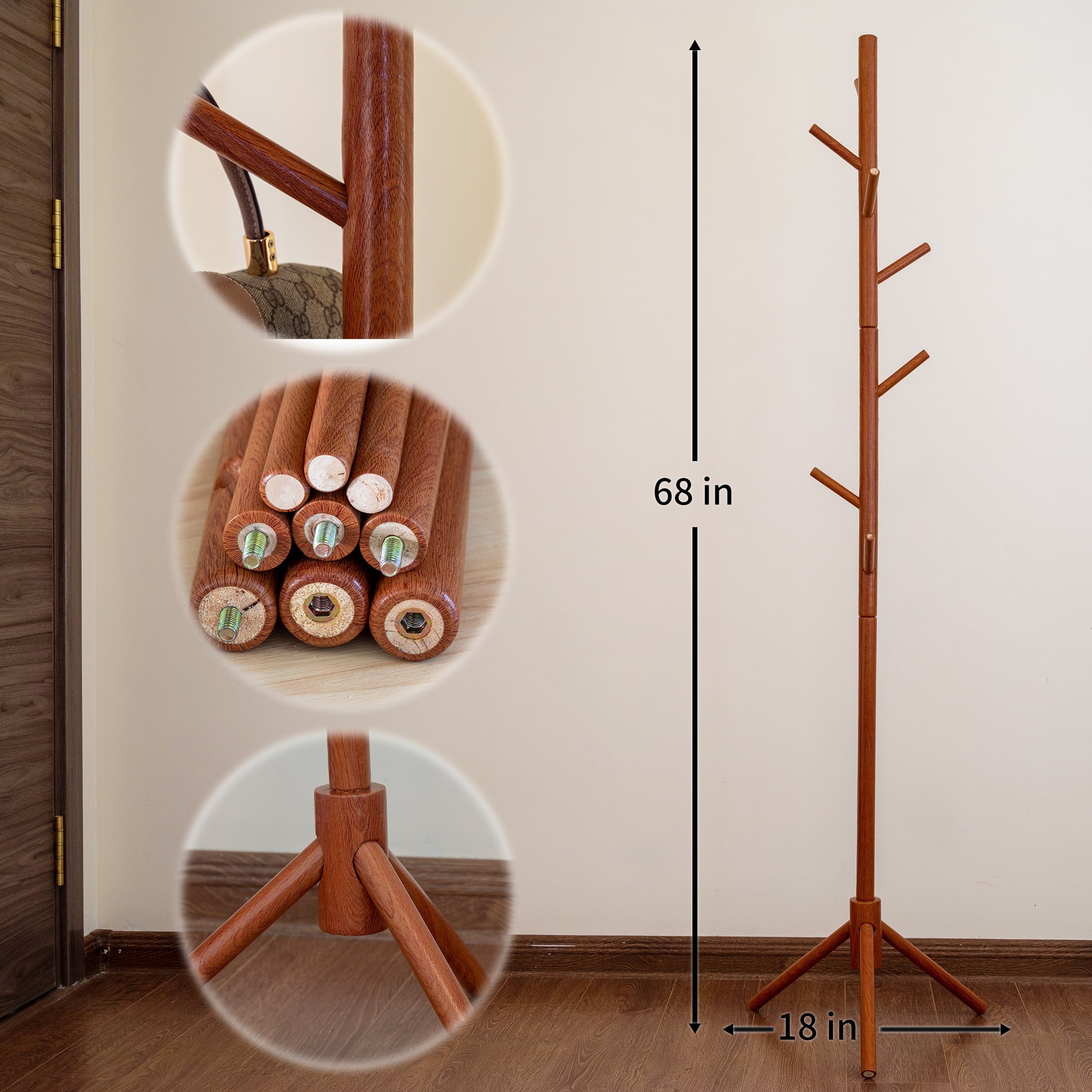 Fulande Coat Rack Wooden Sturdy Freestandi Coat Rack for American Home Decoration or Modern Officetryway and Hallway，Brown