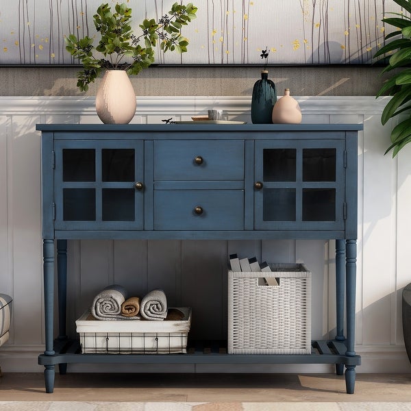 Sideboard Console Table with Bottom Shelf， Farmhouse Wood/Glass Buffet Storage Cabinet Living Room