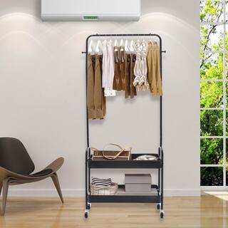 YIYIBYUS 2-Tier Carbon Steel 4-Wheeled 2-In 1 Freestanding Garment Rack in Black HG-WMT-8549