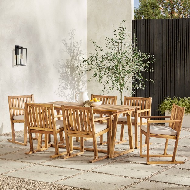 Saracina Home 7pc Modern Slatted Acacia Outdoor Dining Set With Trapezoid Legs