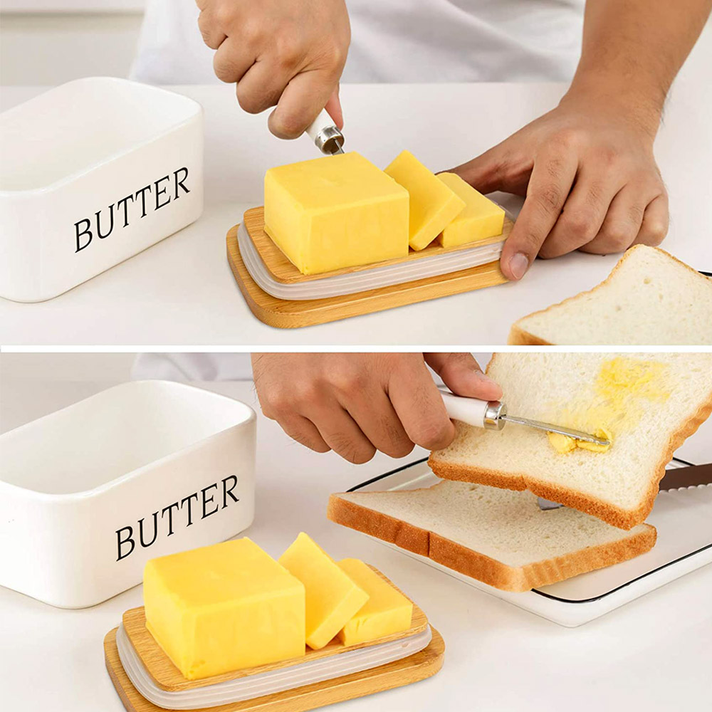 HKEEY Butter Dish， Ceramic Butter Dish with lid and Stainless Steel Butter Knife Spreader， Butter Keeper Double Silicone Seals， Easy Clean， Butter Dishes with Covers