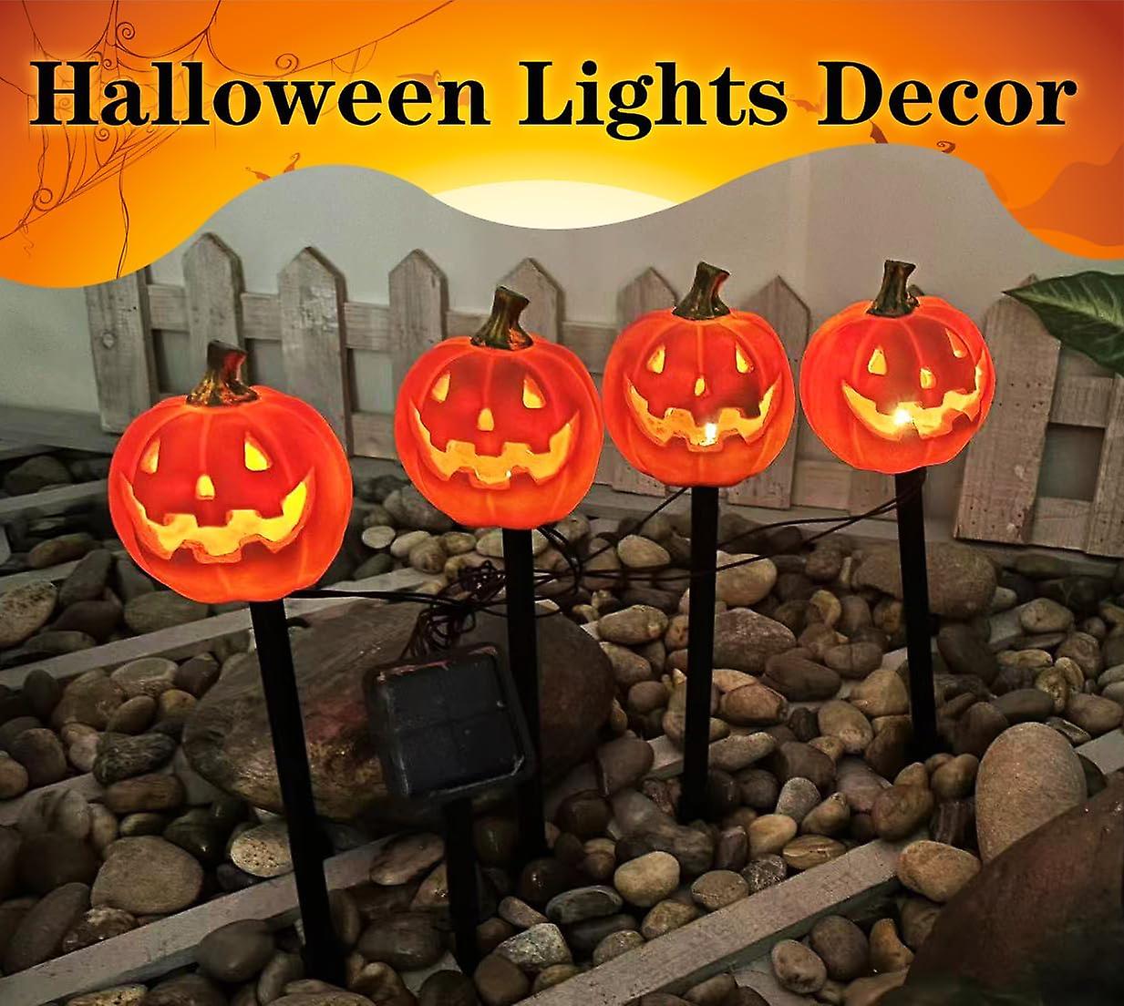 4 Pack Halloween Pumpkin Pathway Solar Lights， Orange Yard Stake String Lights Halloween Outdoor Decorations， Waterproof Led Pumpkin Halloween Dcor Wa