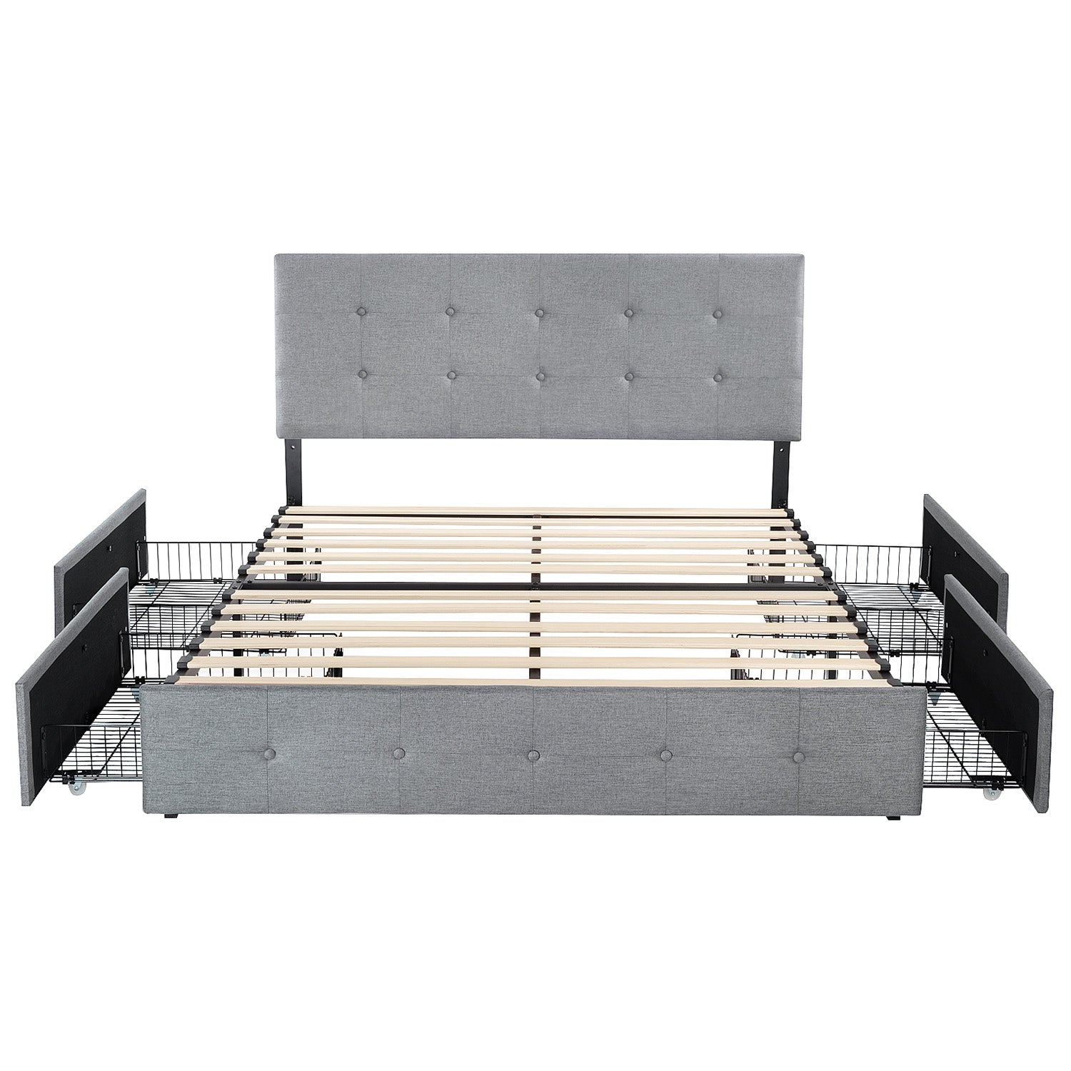 Upholstered Bed Frame with 4 Drawers Storage and Headboard with Wood Slat Support, No Box Spring Needed