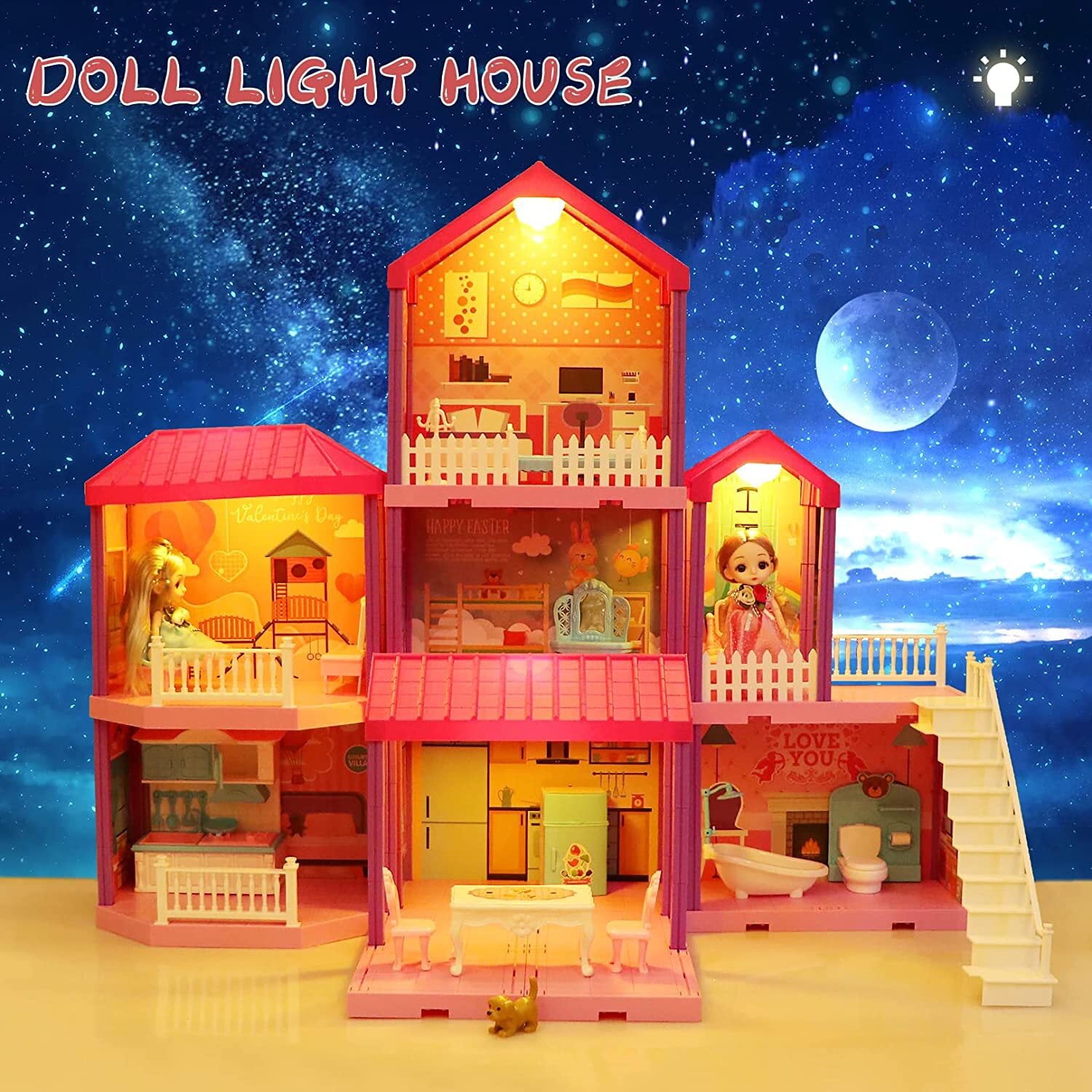 HopeRock 36 inch Dollhouse with Slide，Dolls and 11 Rooms，Creative Dollhouse Toys Gift for 3 to 8 Year Old Girls