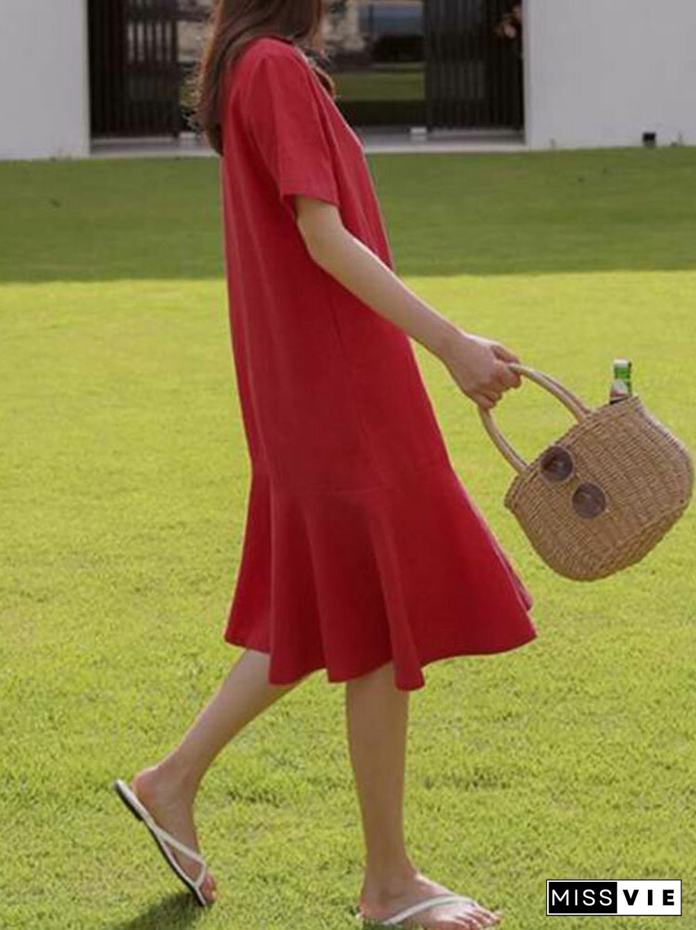 Solid Ruffle Short Sleeve Round Neck Casual Cotton Midi Dress