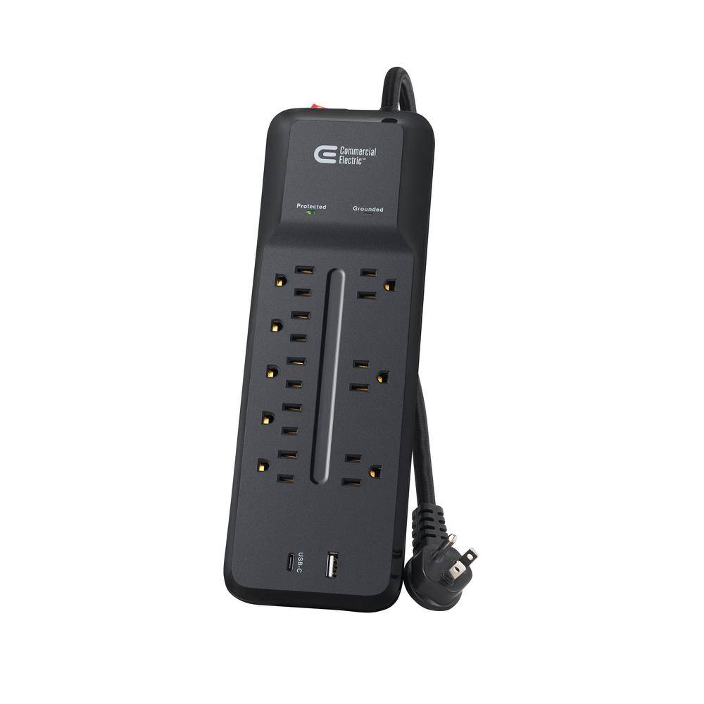 Commercial Electric 12 ft. Braided Cord 8-Outlet Surge Protector with 1 USB and 1 USB-C Black YLPT-131B