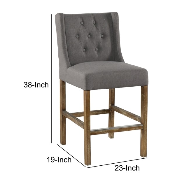 Wooden Counter Height Stool with Fabric Padded Seat and Tufted Wing Back， Gray and Brown