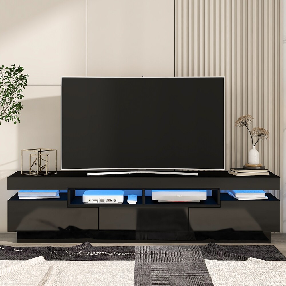 TV Stand with 4 Open Shelves  Modern High Gloss Entertainment Center for 75 Inch TV