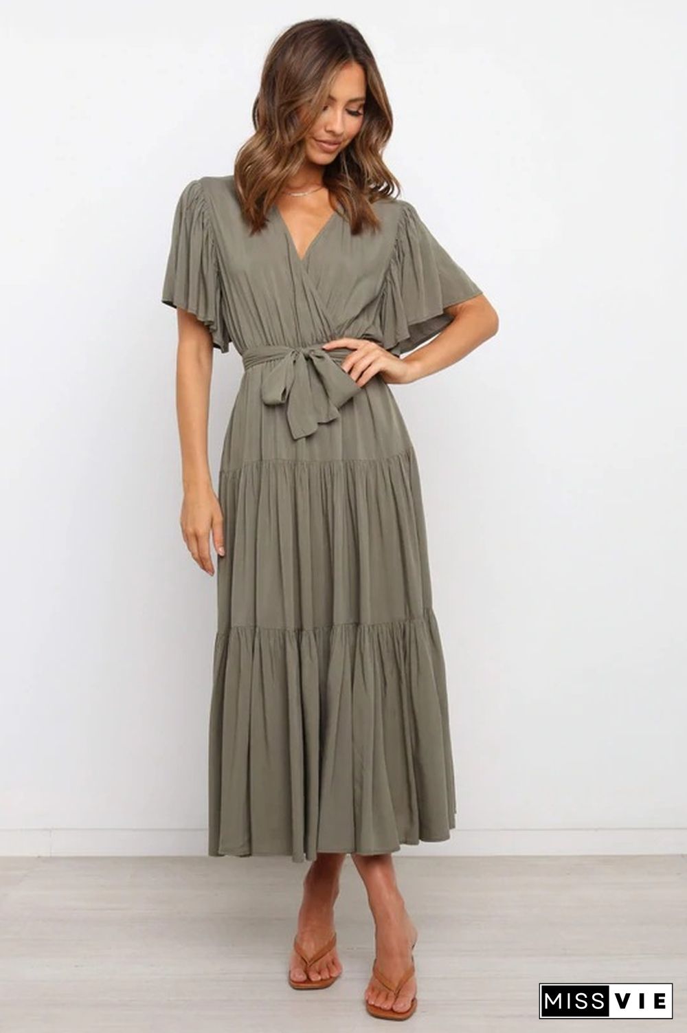 Boho Beach Vacation Summer Women Dresses New Solid V-Neck Short Ruffle Sleeve Lace-up Swing High Waist A-line Long Dress