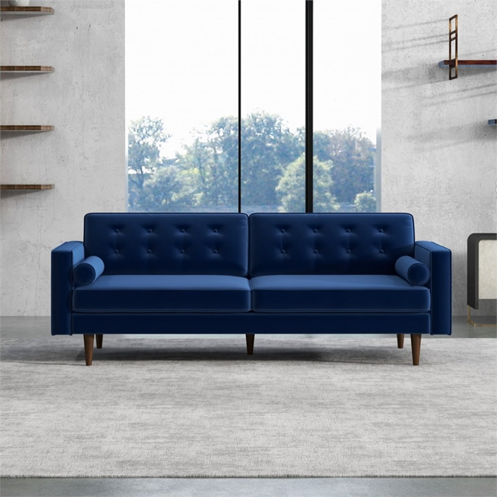 Canton Mid Century Tufted Back Velvet Upholstered Sofa in Blue   Midcentury   Sofas   by Homesquare  Houzz