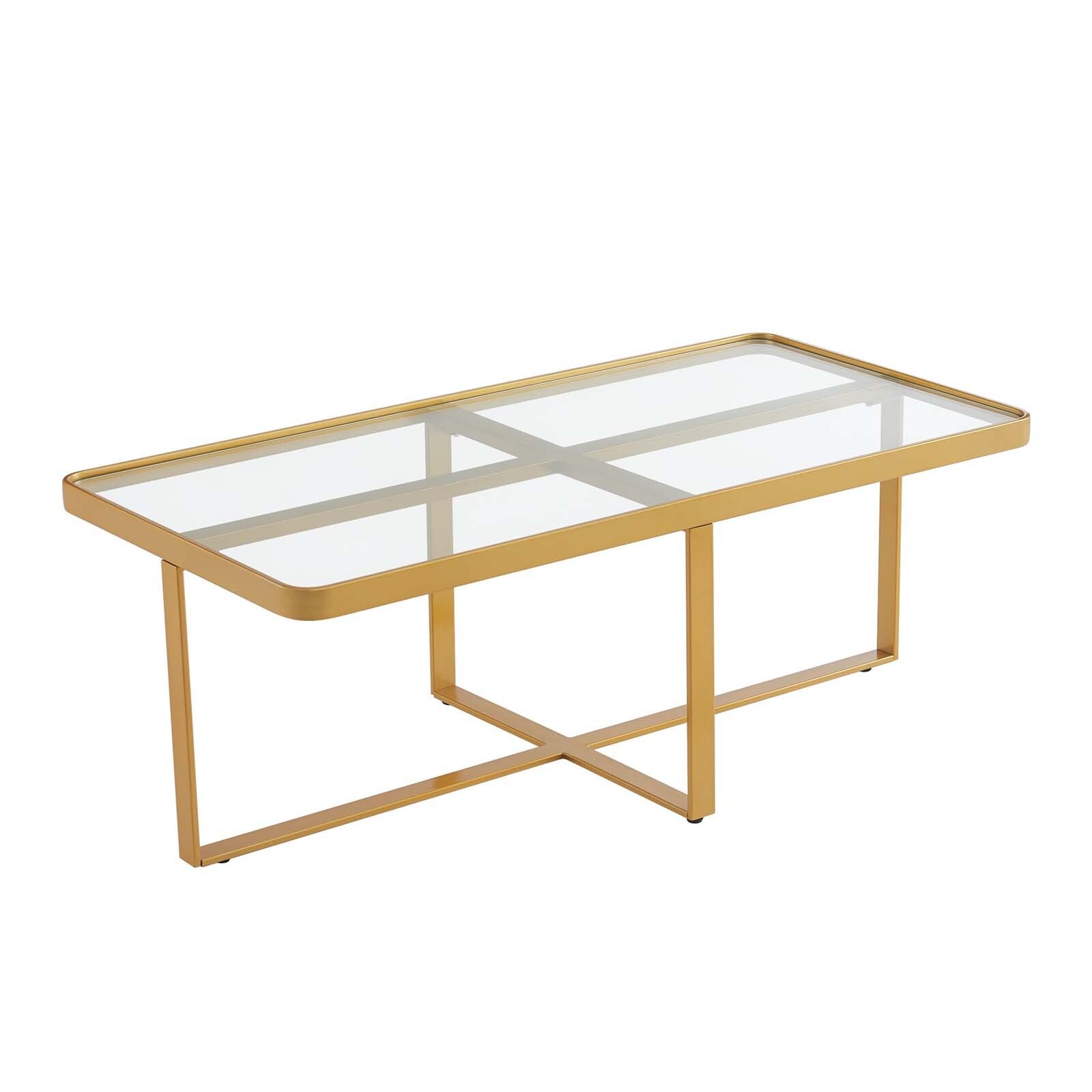 KALEFU Clear Rectangular Modern Glass Coffee Table, Minimalist Rectangle Coffee Table,Golden Metal Frame with Tempered Glass Tabletop