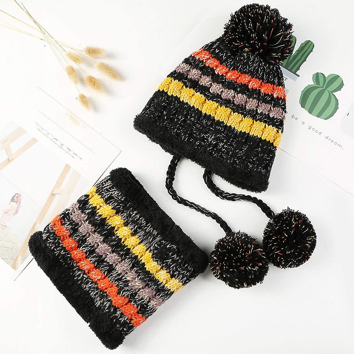 Women Winter Beanie Hat Peruvian Circle Scarf Set Ski Ear Flaps Caps Dual Layered Fleece Lined Pompoms A3-m8771-black -