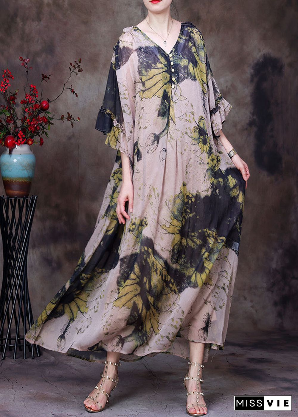 Natural Yellow V Neck Print Chiffon Long Dress And Cotton Spaghetti Strap Dress Women Sets 2 Pieces Half Sleeve