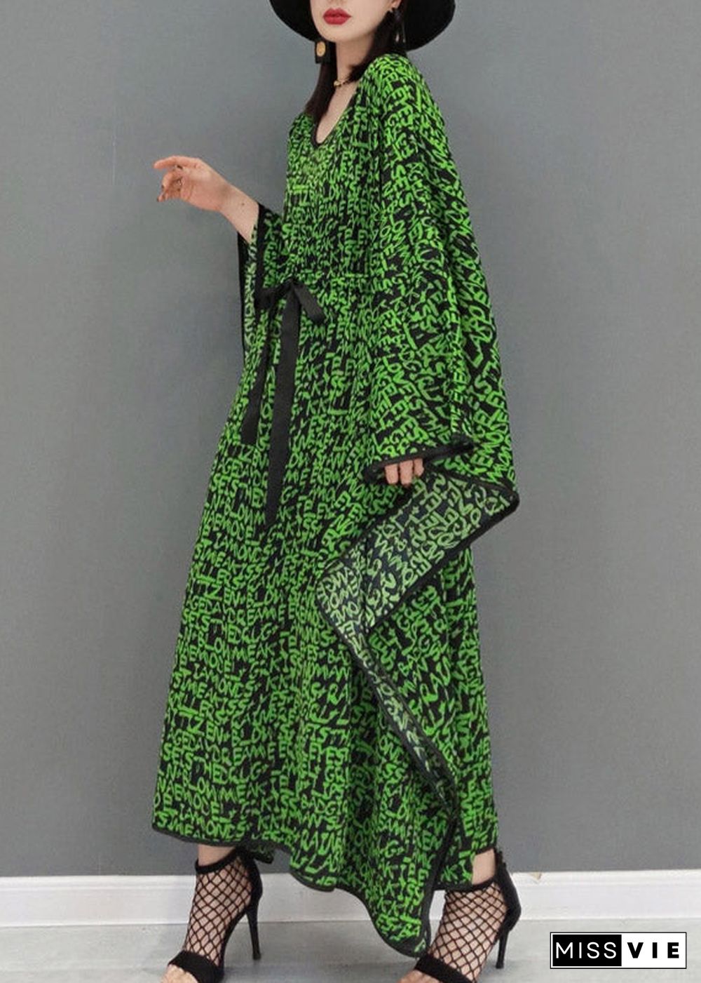 Plus Size Green O-Neck Print Batwing Dresses Long Sleeve