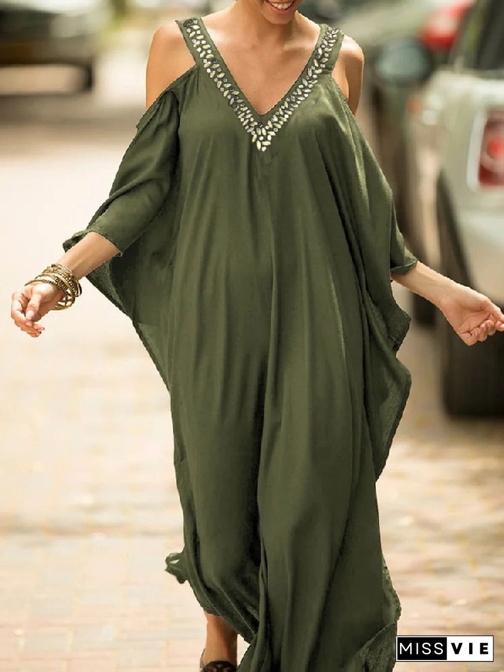 Batwing Sleeves Loose Solid Color Cold Shoulder Maxi Dresses