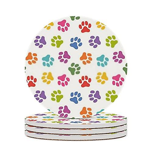 Round Drink Coasters 6 Pcs Dog Paw Prints Pattern Absorbent Ceramic Coaster With Cork Base For Coffee Cups Housewarming Gift For Home Decor