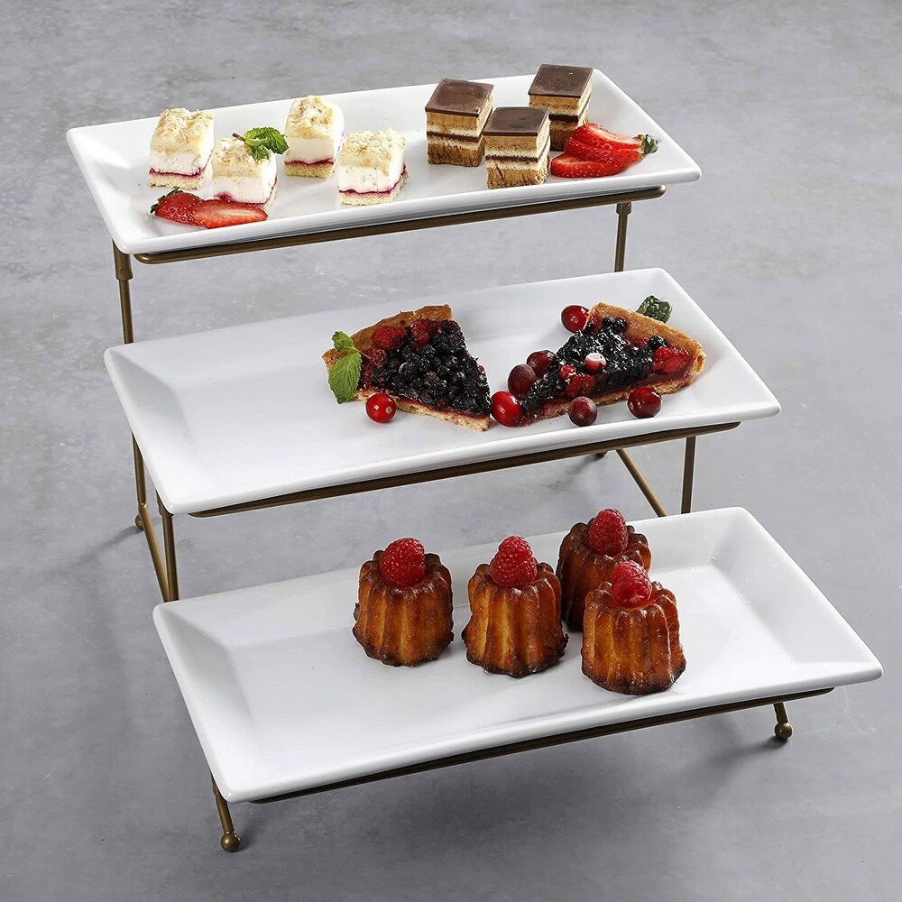 Gibson Elite Gracious Dining 3 Tier Rectangular Serving Platter Cake Stand  Gold   1