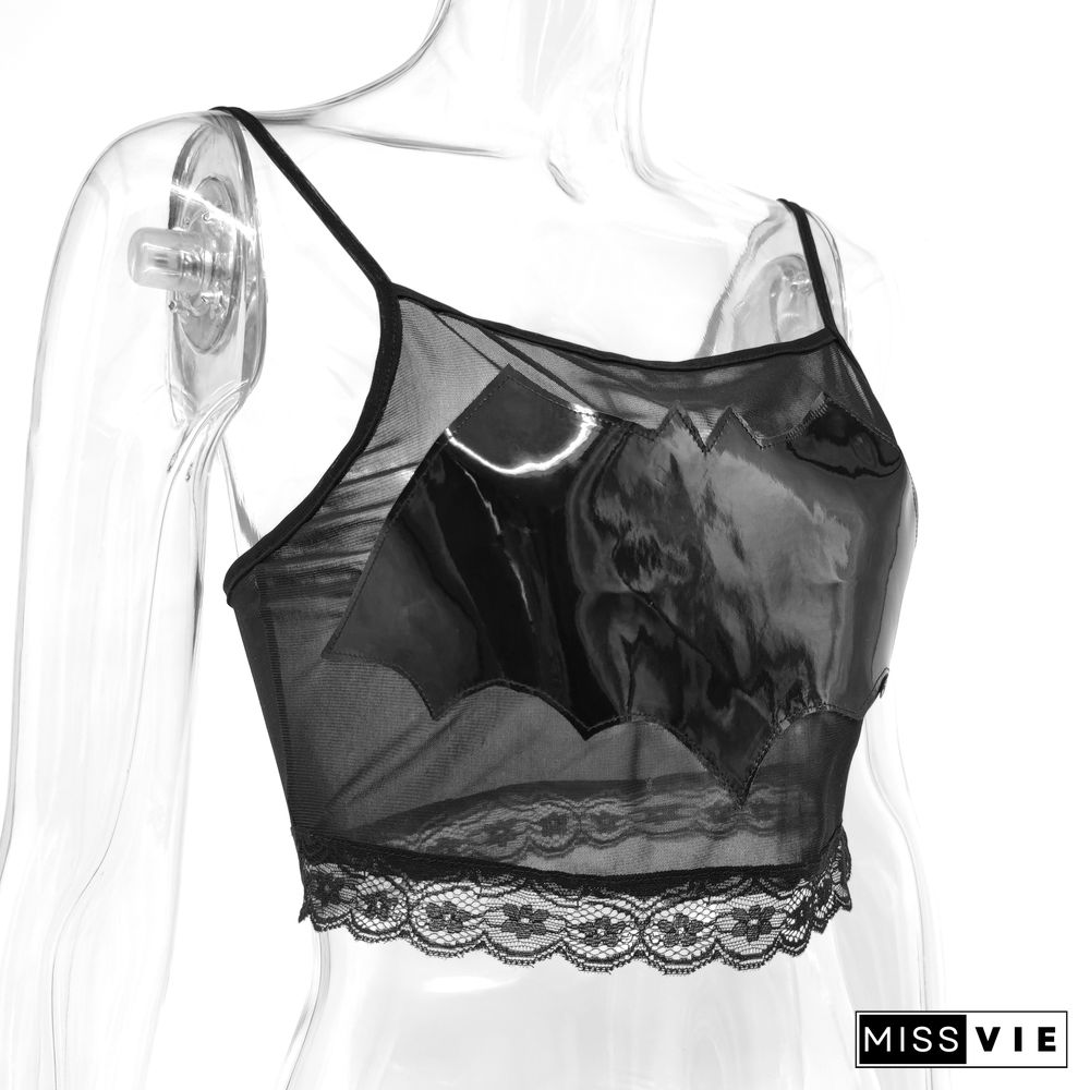 Yangelo Emo Gothic Black Camis See Through Sexy Crop Tops Bat Pattern Graphic Tees Patchwork Women Cyber Y2K Camisole Night Club