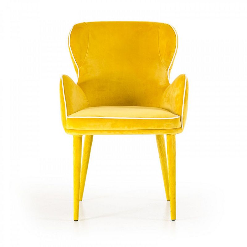 33 Inch Wingback Dining Chair with High Curvy Arms， Yellow Fabric