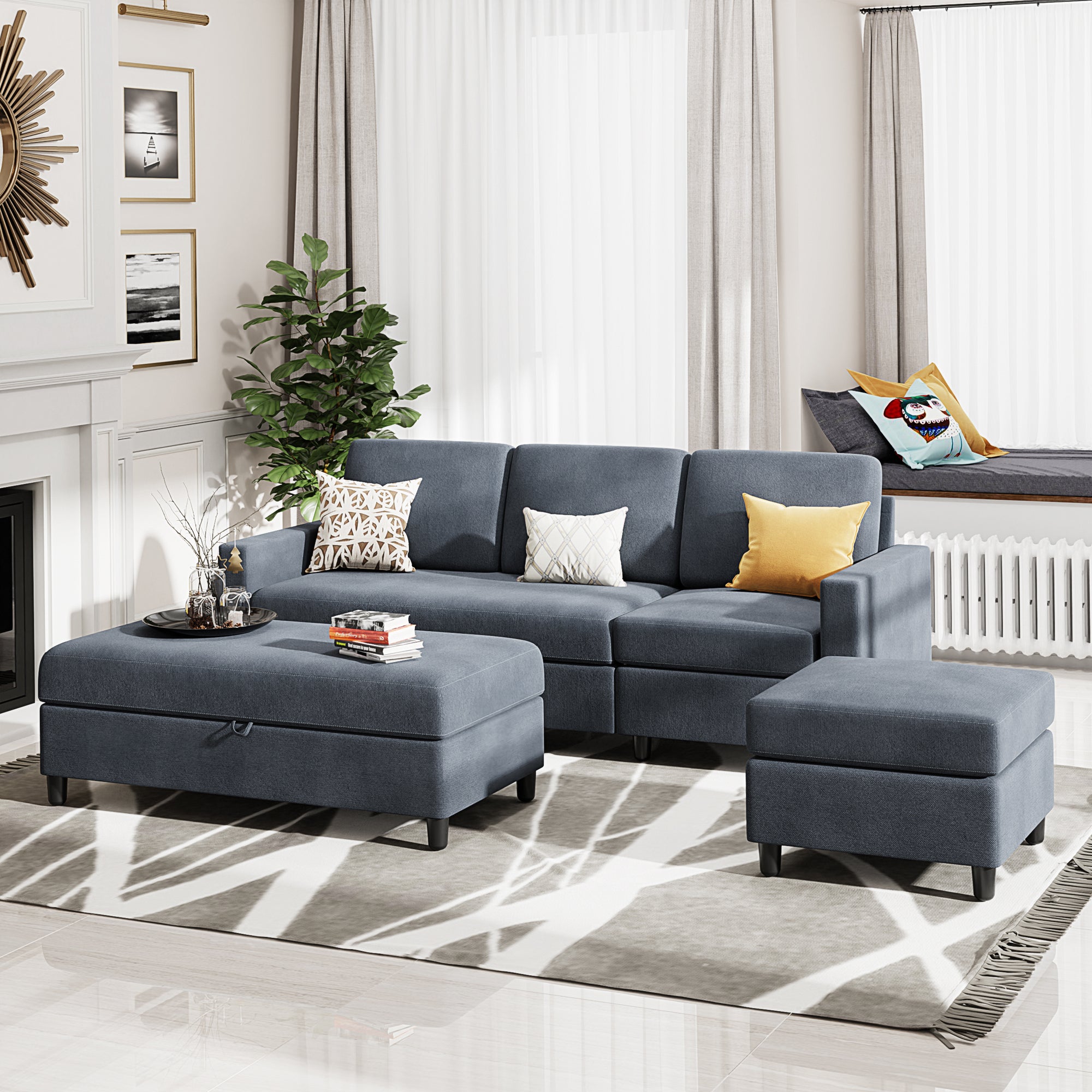 Walsunny Sectional Sofa Linen Gray Couch L Shaped 4 Seat with Storage Ottoman