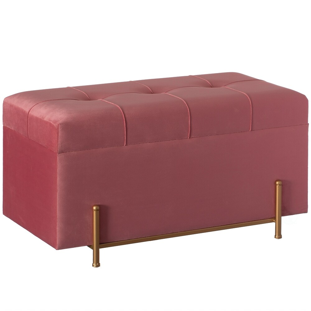 Large Rectangle Velvet Storage Ottoman Stool Box with Golden Legs  Decorative Sitting Bench