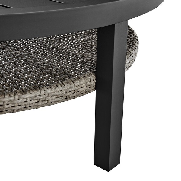 Aileen Grey Wicker Rattan and Black Aluminum Slat Top Round Outdoor Coffee Table