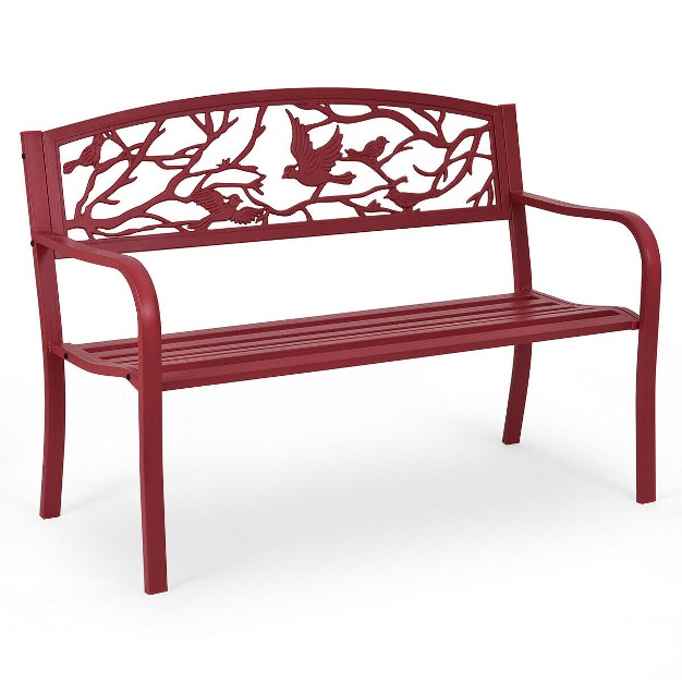 Costway Patio Garden Bench Park Yard Outdoor Furniture Cast Iron Porch Chair Red