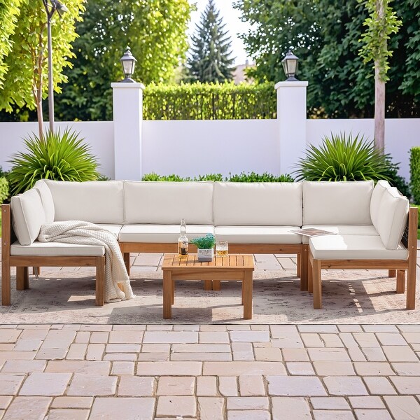 Furniwell 7Piece Outdoor Patio Furniture Sets Sectional Sofa Set Acacia Wood Set with Table ，Rattan sofa set