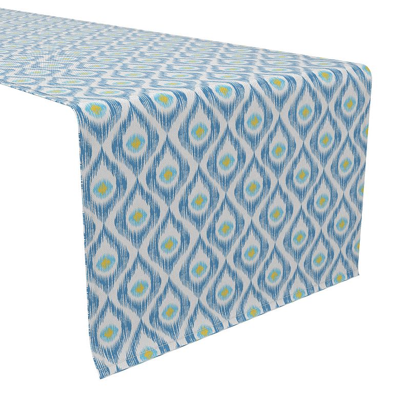 Table Runner， 100% Cotton， 16x72， Ikat Blue Background