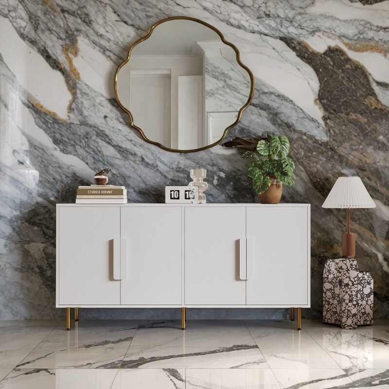 Modern Storage Cabinets with 4 Doors  Buffet Sideboard with Handle for Living Room Dining Room Entryway  White