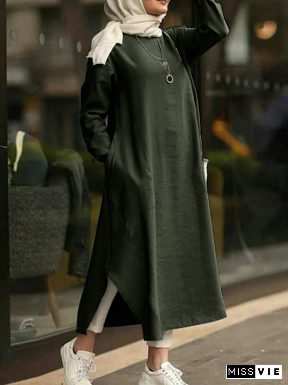 Casual Solid Color Side Split Pockets Long Sleeve Dress