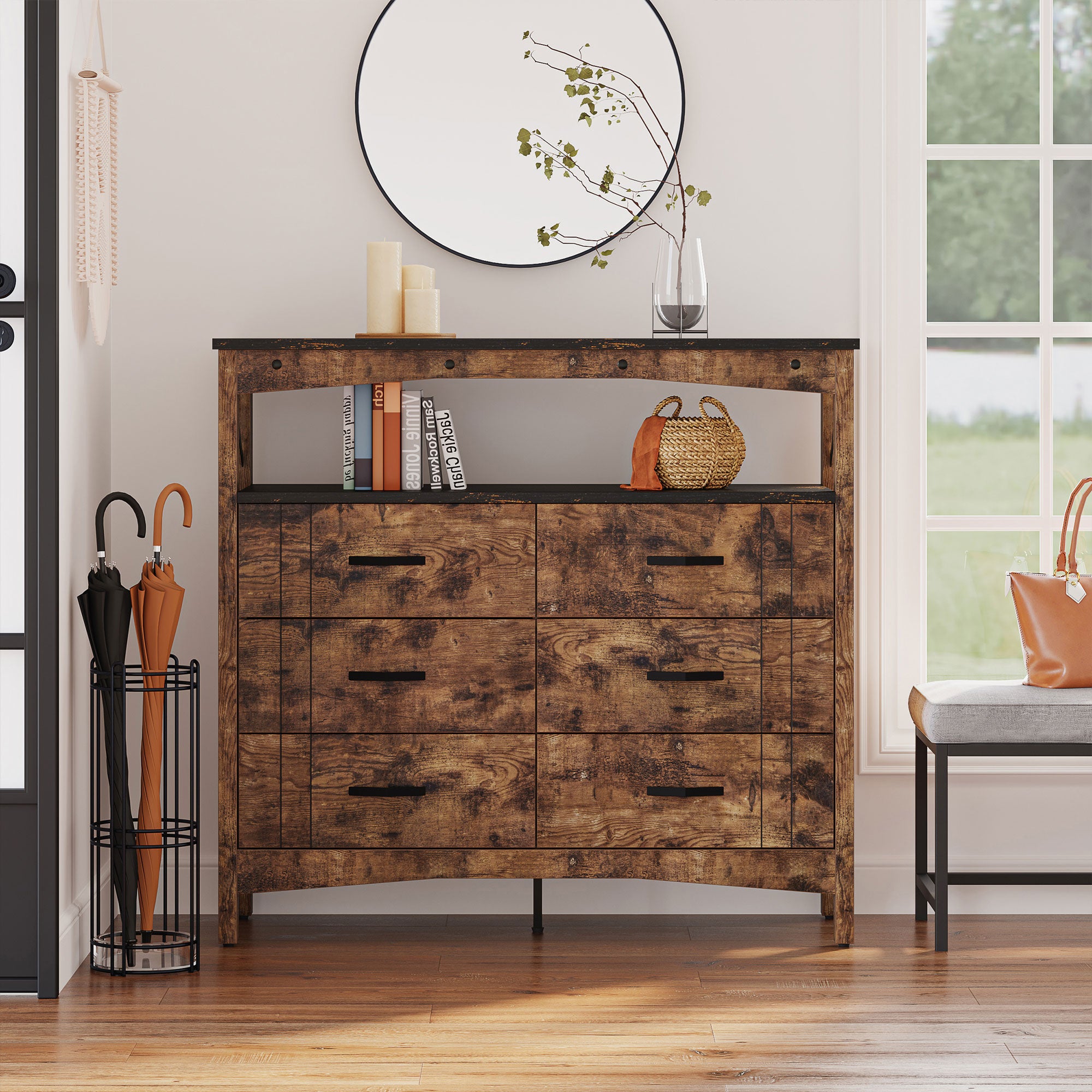 Bestier Buffet Hallway & Living Room Storage Cabinet w/6 Drawers, Rustic Brown