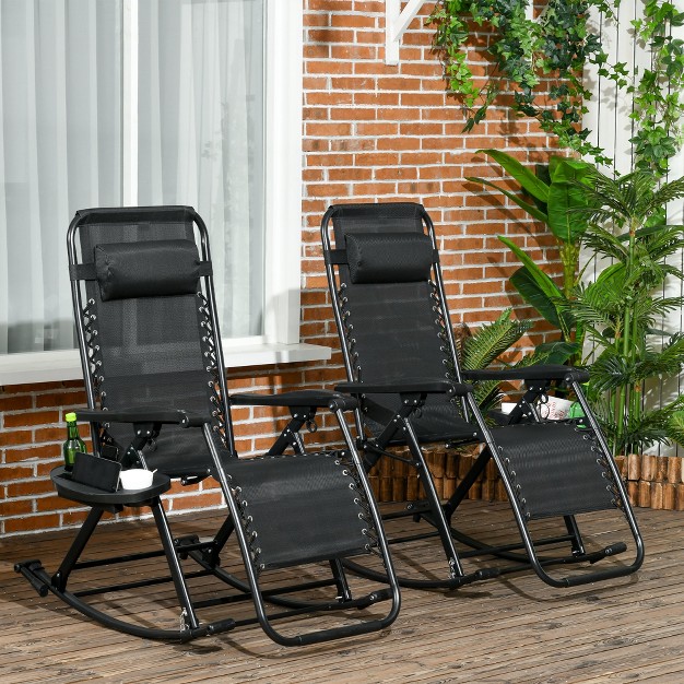 Outsunny 2 Outdoor Rocking Chairs Foldable Reclining Zero Gravity Lounge Rockers W Pillow Cup amp Phone Holder Combo Design W Folding Legs Black