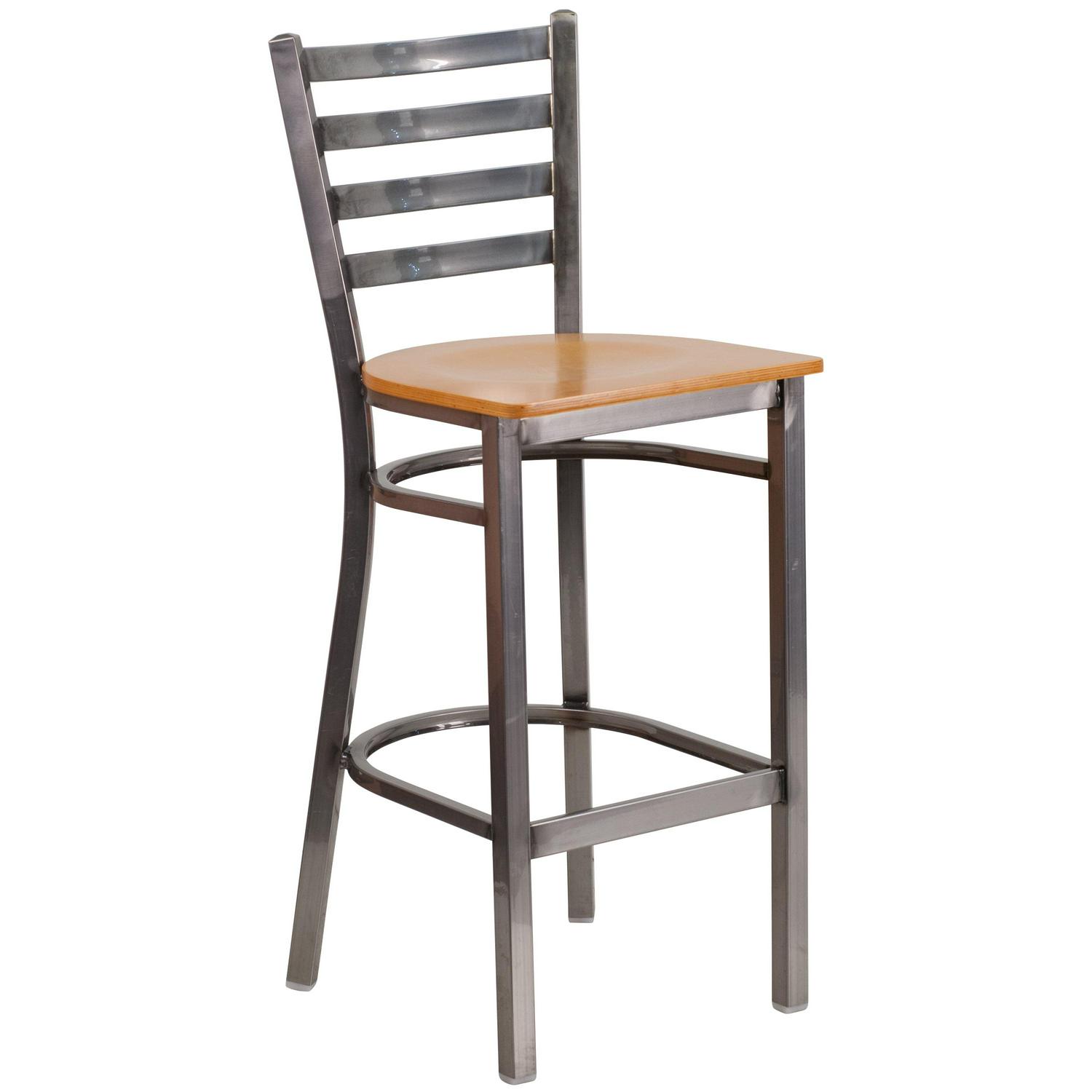 Flash Furniture HERCULES Series Clear Coated Ladder Back Metal Restaurant Barstool 8211 Natural Wood Seat  Crowdfused